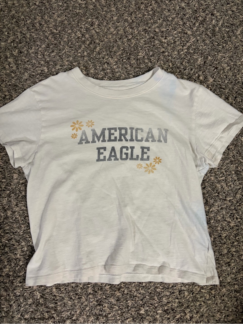 American Eagle Outfitters White Tee with Gray Logo and Yellow Flowers